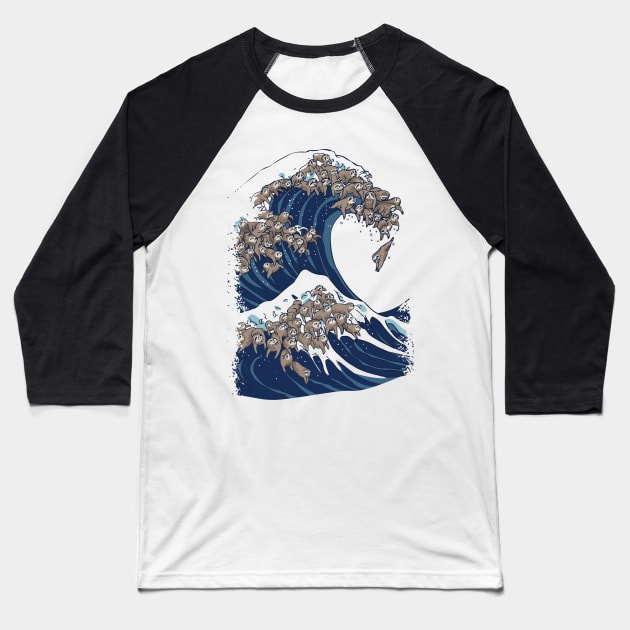 The Great Wave of Sloths Baseball T-Shirt by huebucket